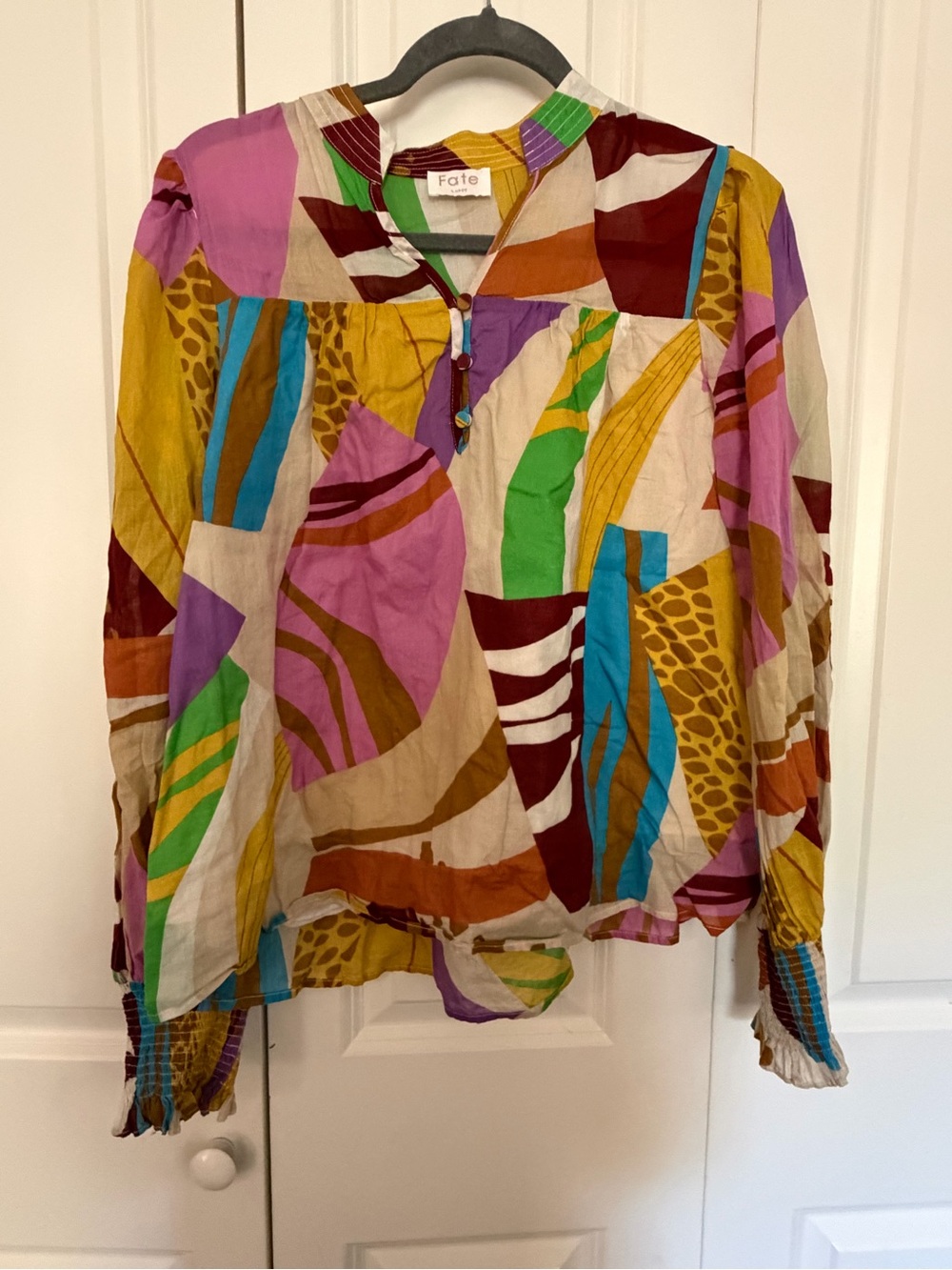 Fate Multicolor Abstract Patchwork Blouse with Green, Pink & Blue Accents